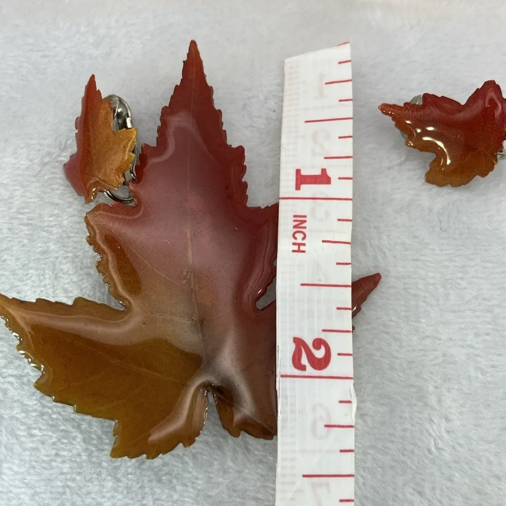 Vtg Fall Leaf Resin Dipped Set Clip On Earrings & Brooch Autumn Fairy Whimsical